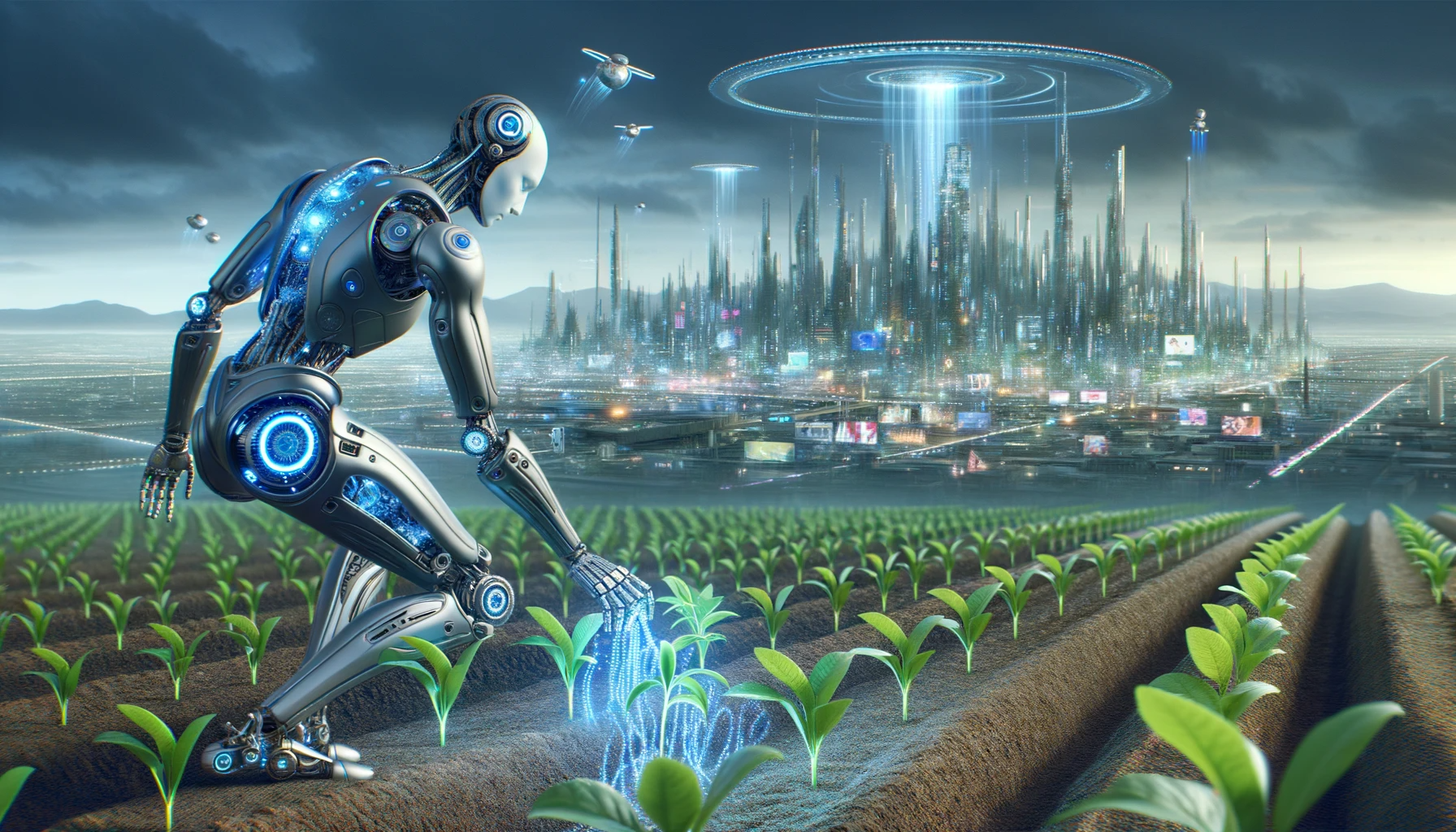robot farming in front of a sci fi city