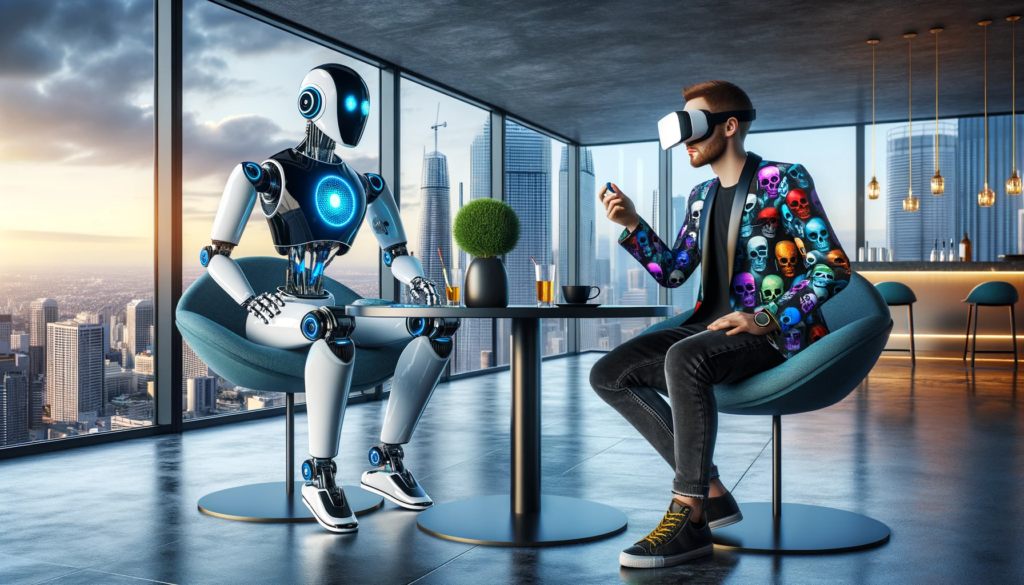 a robot watches while a man explores VR
